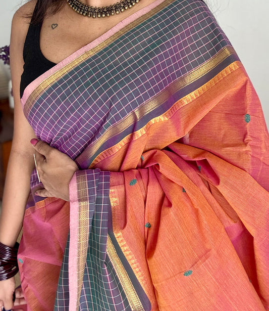 Orange pink dual tone and dark greyish blue contrast, Chettinad cotton saree with checkered border - YCCOTNMA273