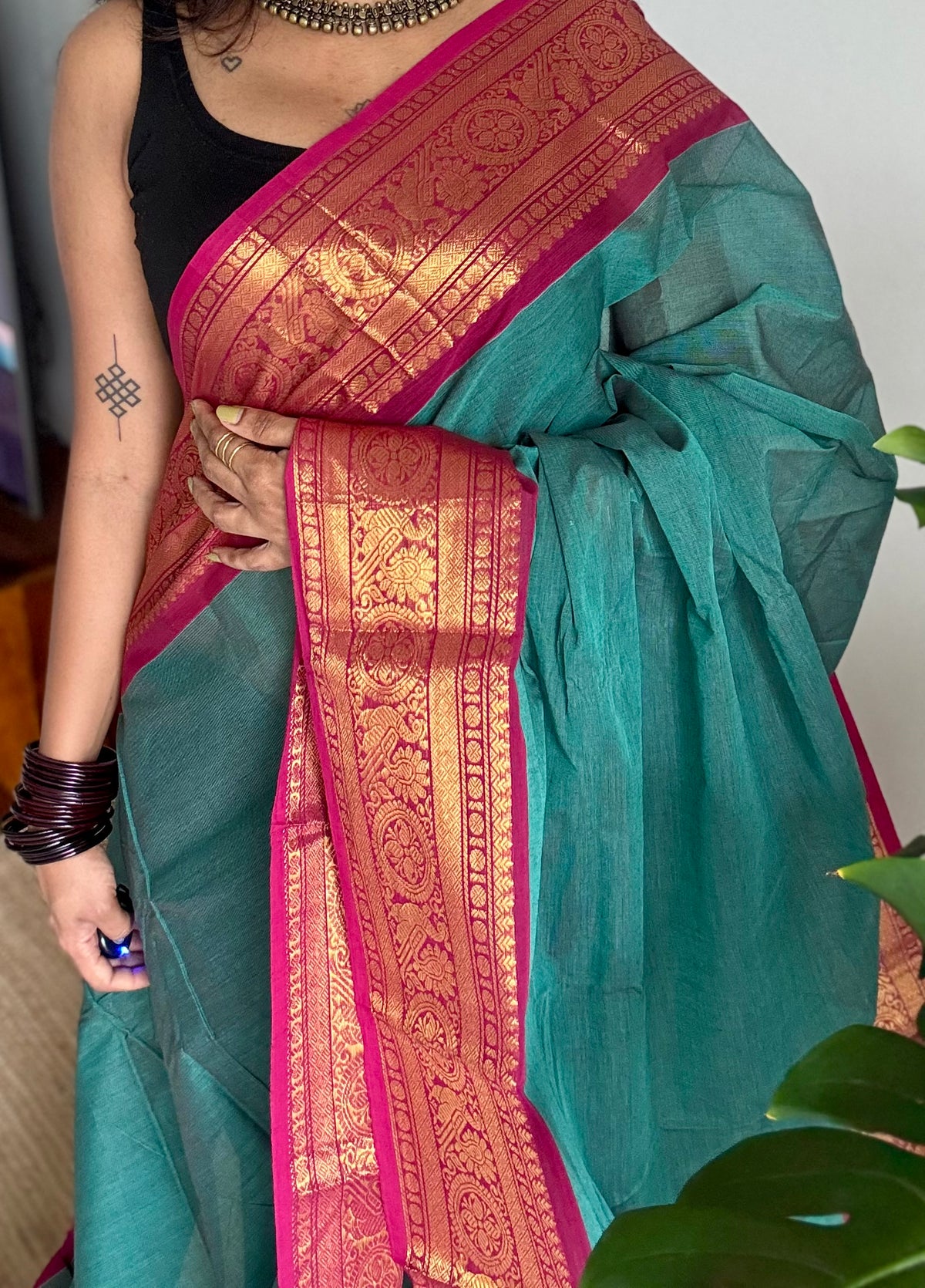 Jade green with ruby pink zari border chettinad cotton saree - YCCOTNCKSE14