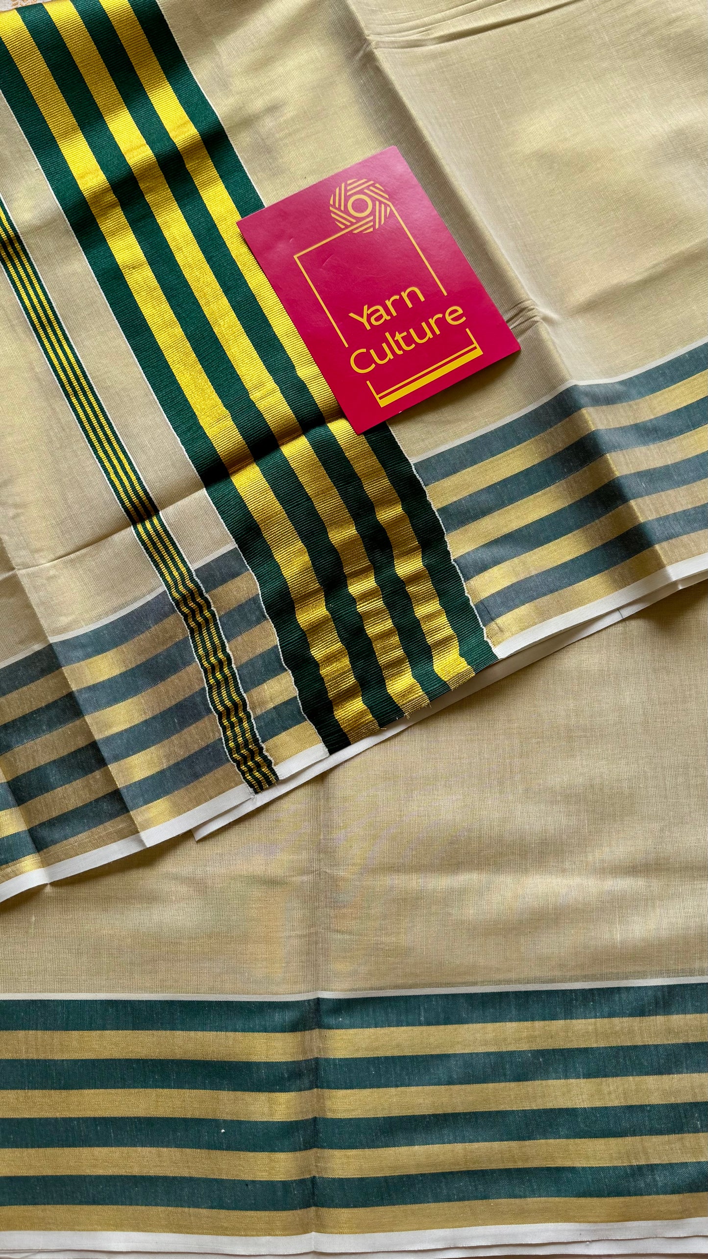 Ivory and gold soft tissue cotton saree, dark green border - YCIEON68