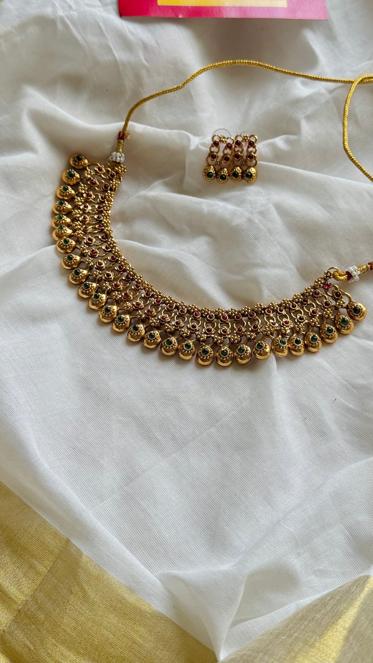 Three layered neckpiece, red and green beads, with earrings - YCGPNP740