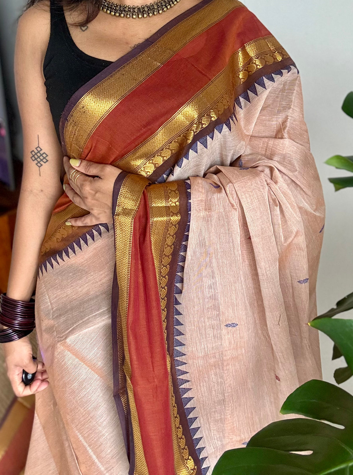 Beige with rust orange and brown zari border kanchi cotton saree - YCCOTNCKSE19