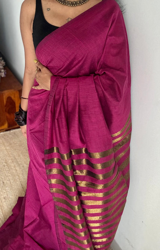 Berry pink khadi with antique gold pallu - YCBCKZPSE07