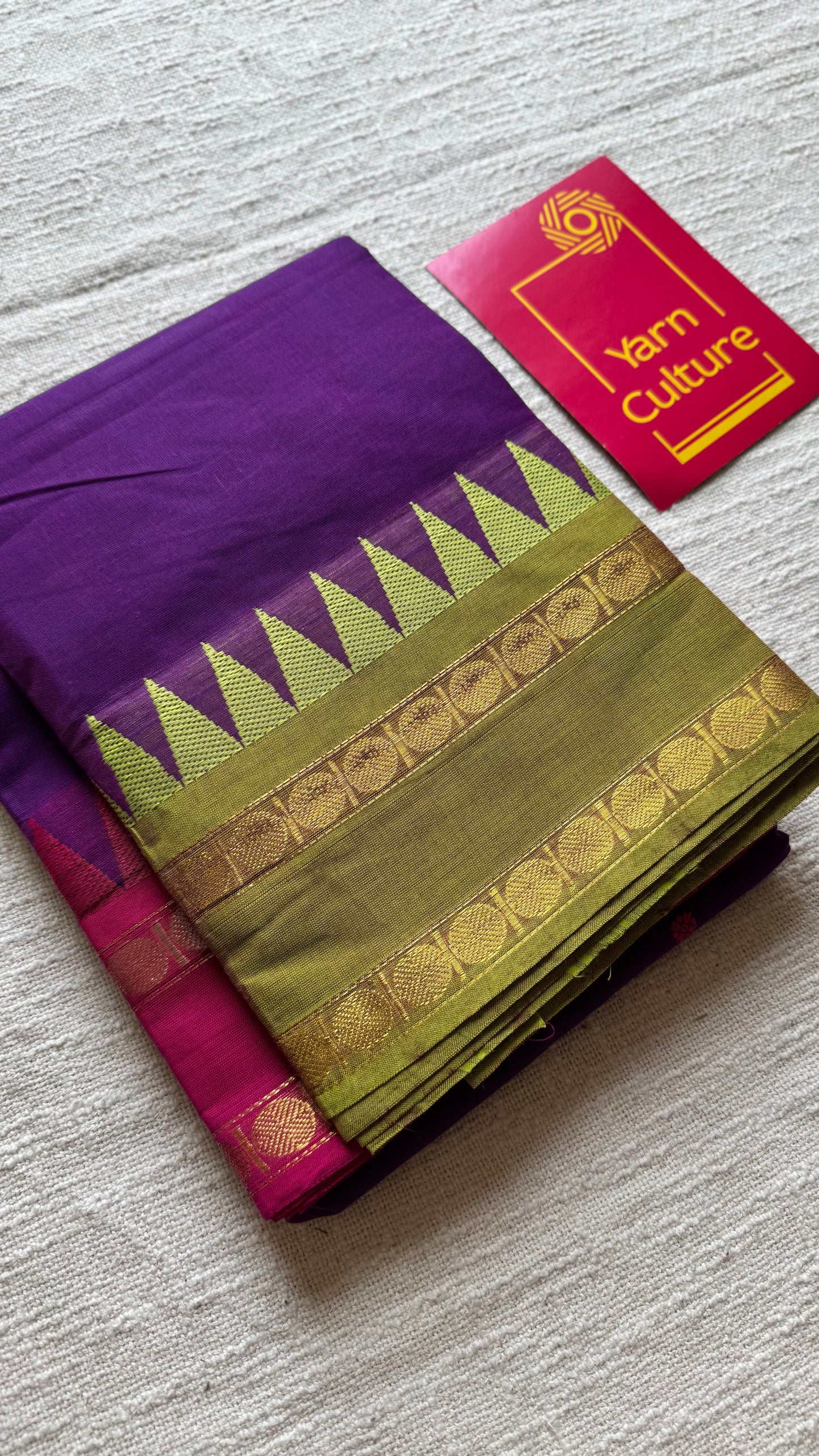 Kanchi cotton saree, purple with hot pink and lime green dual border - YCCOTNAP98