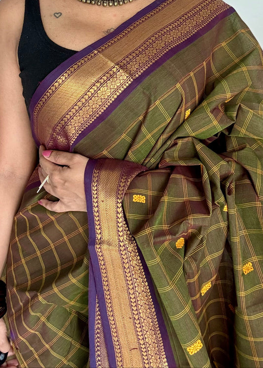 Dark green and purple contrast, checkered Chettinad cotton saree - YCCOTNMA265