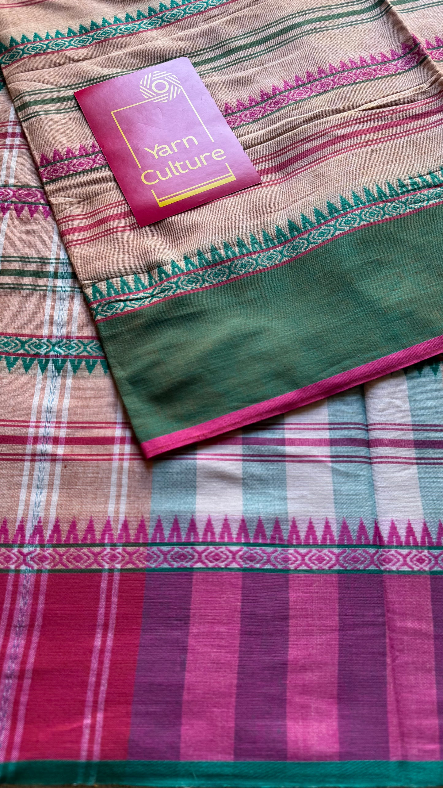 Dhonekhali handloom soft cotton saree, salmon pink with bright pink and dark turquoise woven stripes - YCBCDFE266