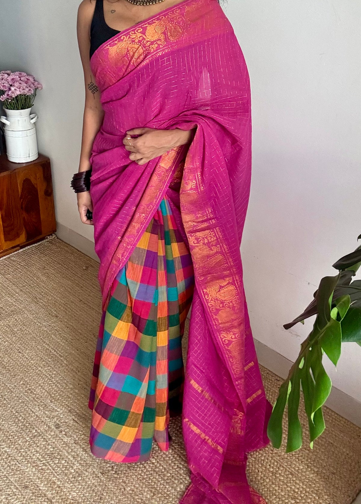 Light magenta with multicoloured madras checks, cotton half and half saree - YCCOTNIDOC159