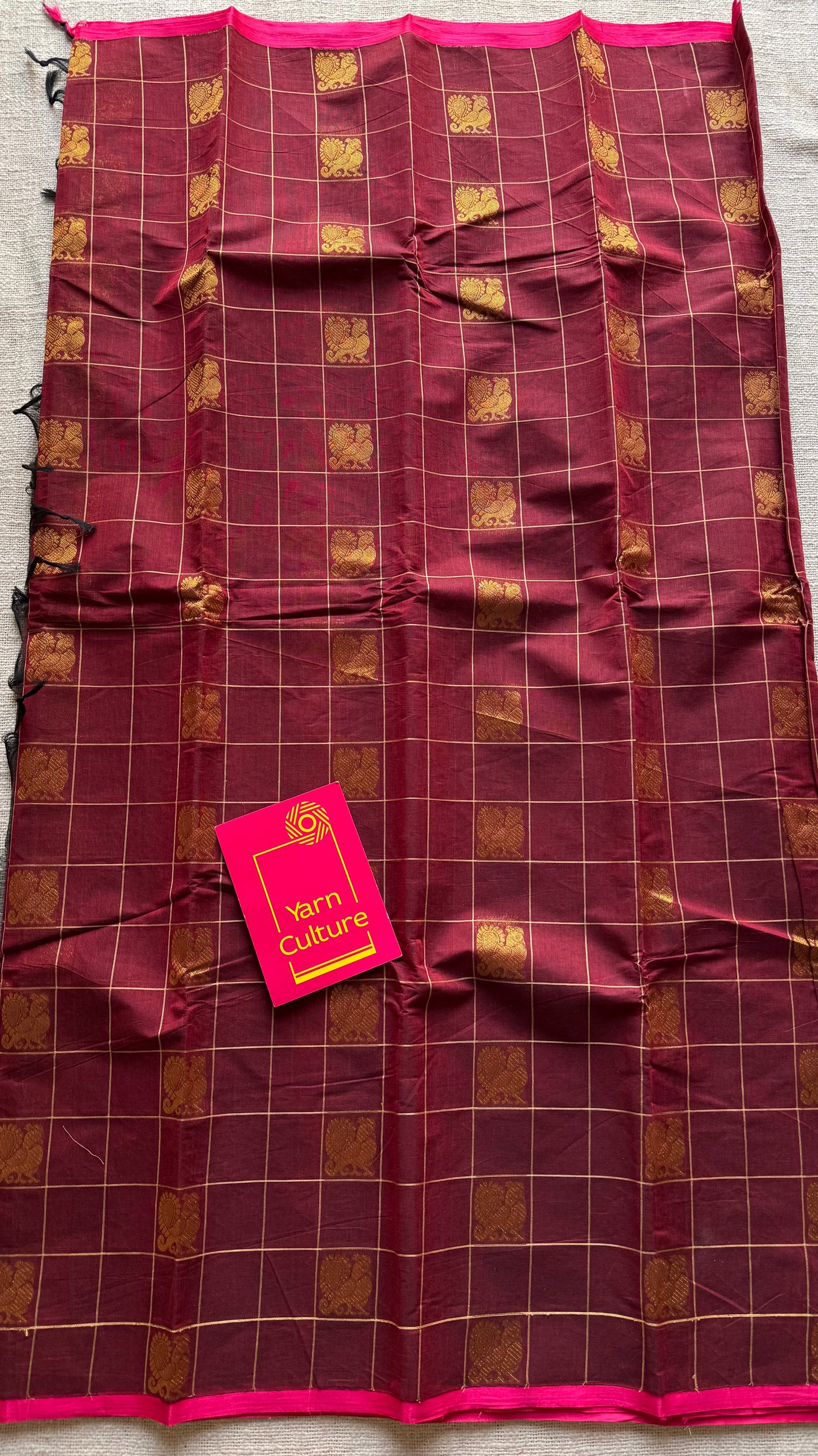 Maroon dual tone checks with peacock motifs, kanchi cotton saree - YCCOTNKCFE337