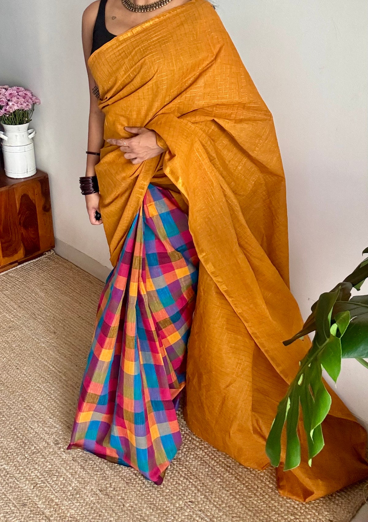 Turmeric yellow mini checks with multicoloured madras checks, cotton half and half saree - YCCOTNIDOC164