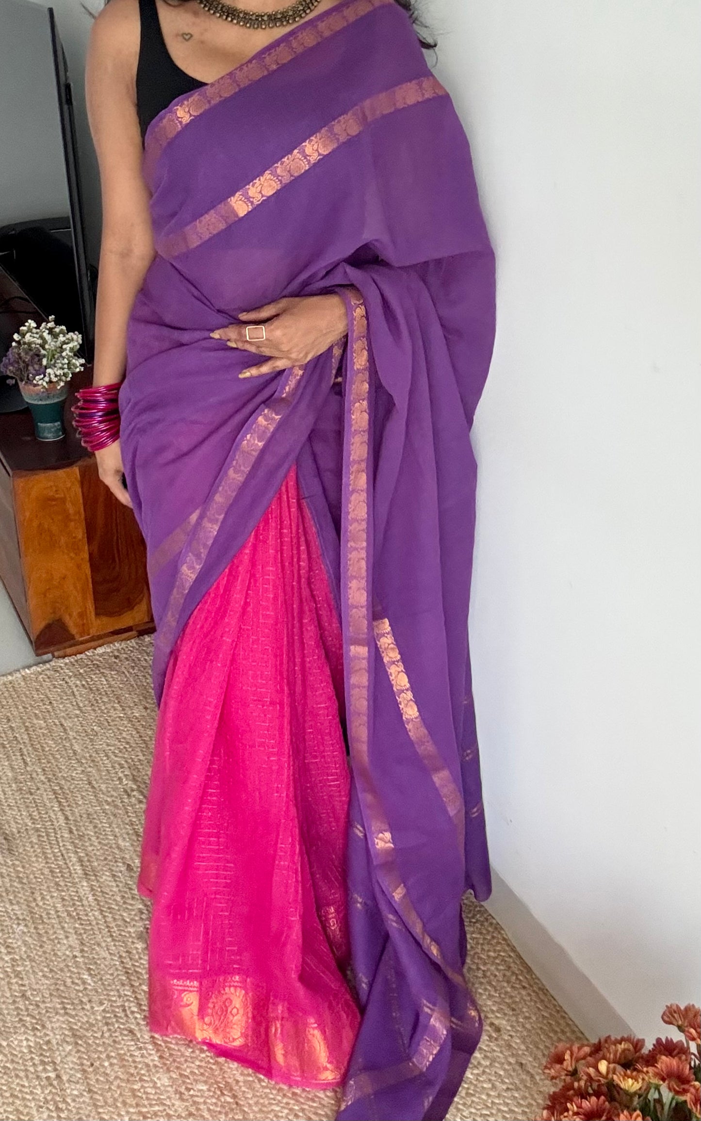 Alli (அல்லி) : purple with pink, sungudi cotton - YCENOID02