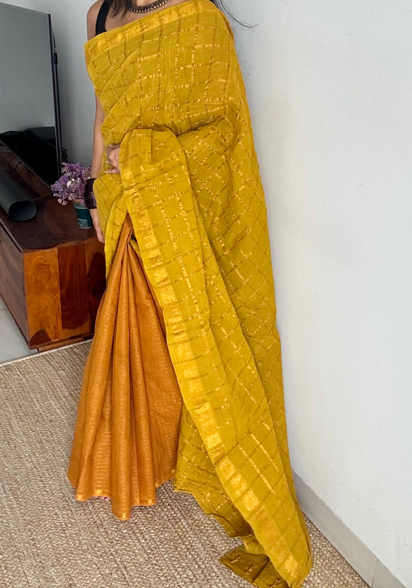 Light green with turmeric yellow, sungudi cotton half-half saree - YCCOTNMSFE369