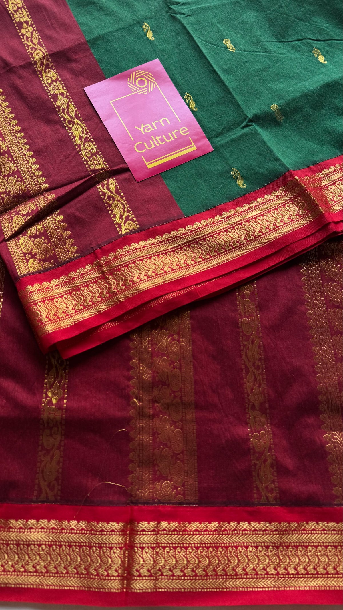 Green with red, cotton silk saree with zari border - YCCOTNKCOC108