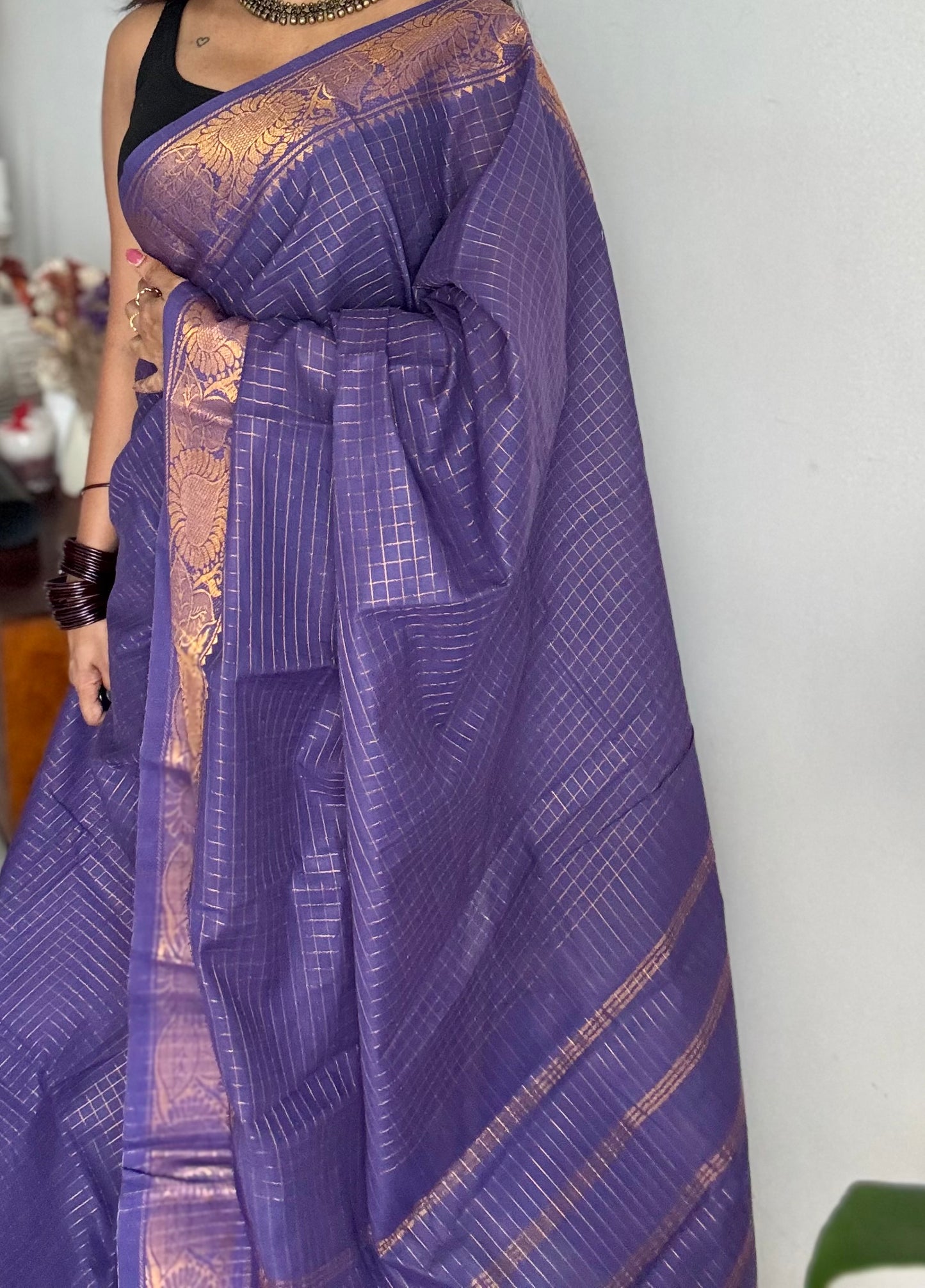 Purple zari checkered sungudi, kattuchayam dyed madurai cotton - YCCOTNMSAP118