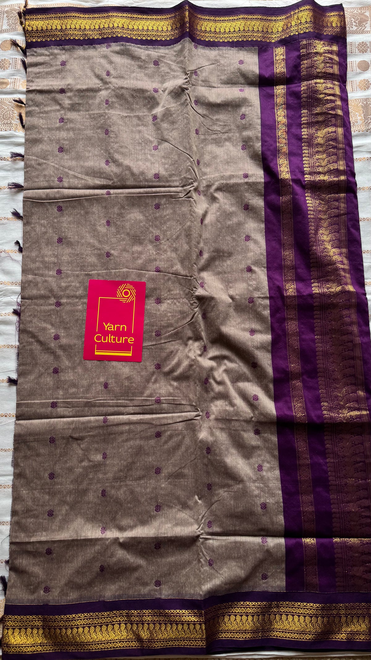 Warm grey with purple, cotton silk saree with zari border - YCCOTNKCOC107