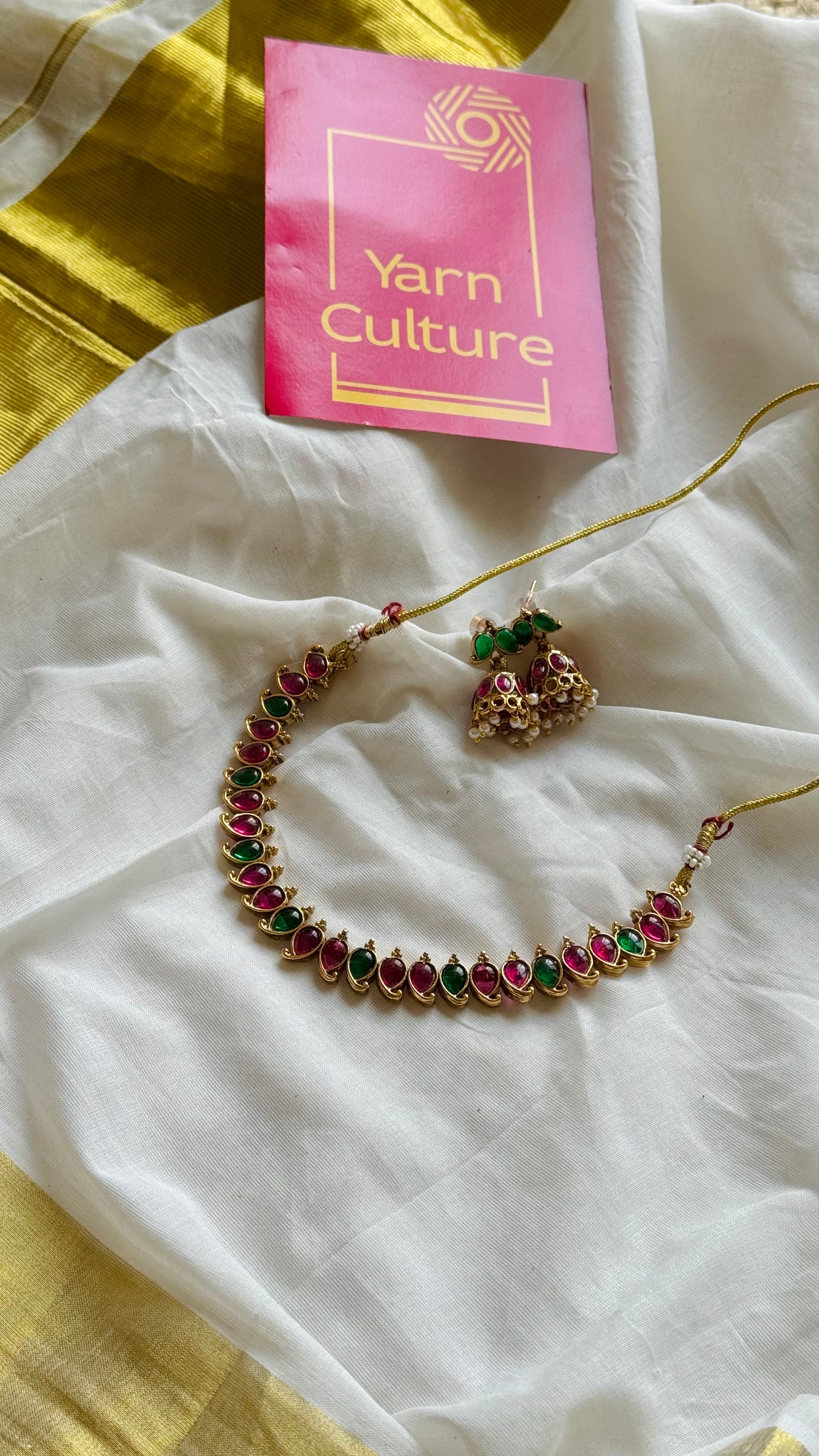 Ruby and green enamel stone neckpiece, with earrings - YCGPNP744
