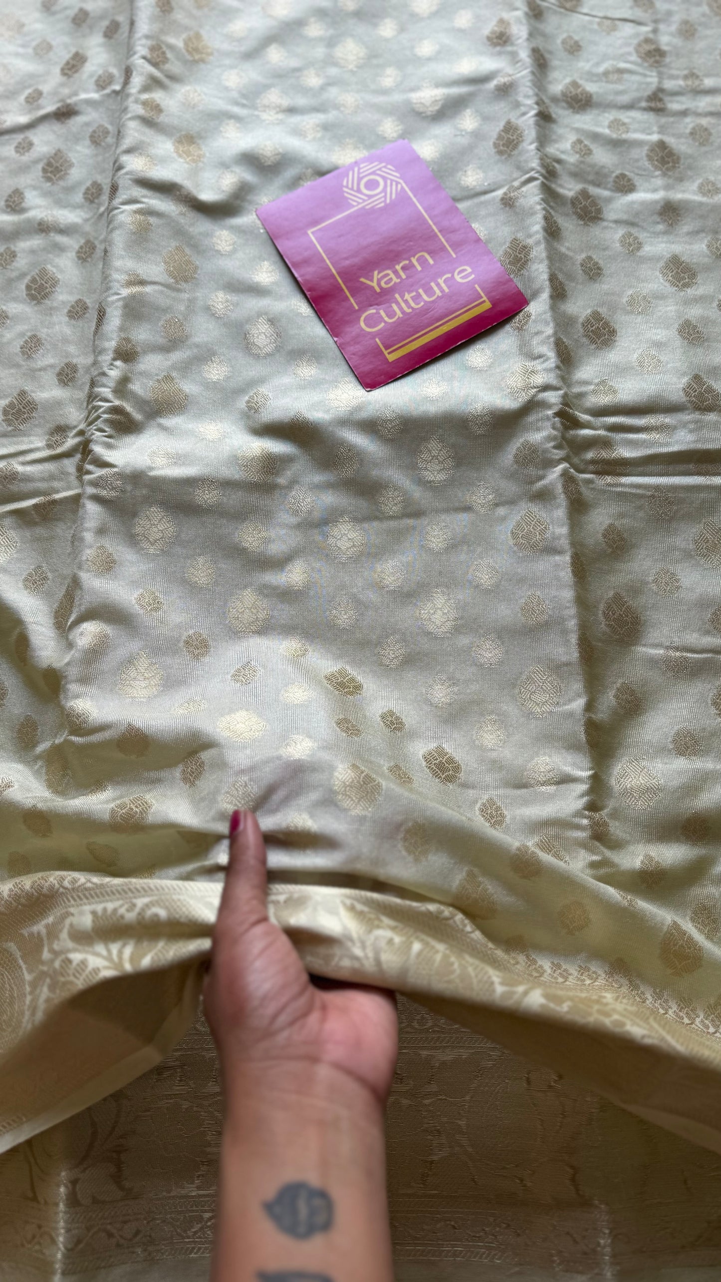 Pastel cream, muted gold buttas and zari, Banarasi semi-silk - YCDESE33