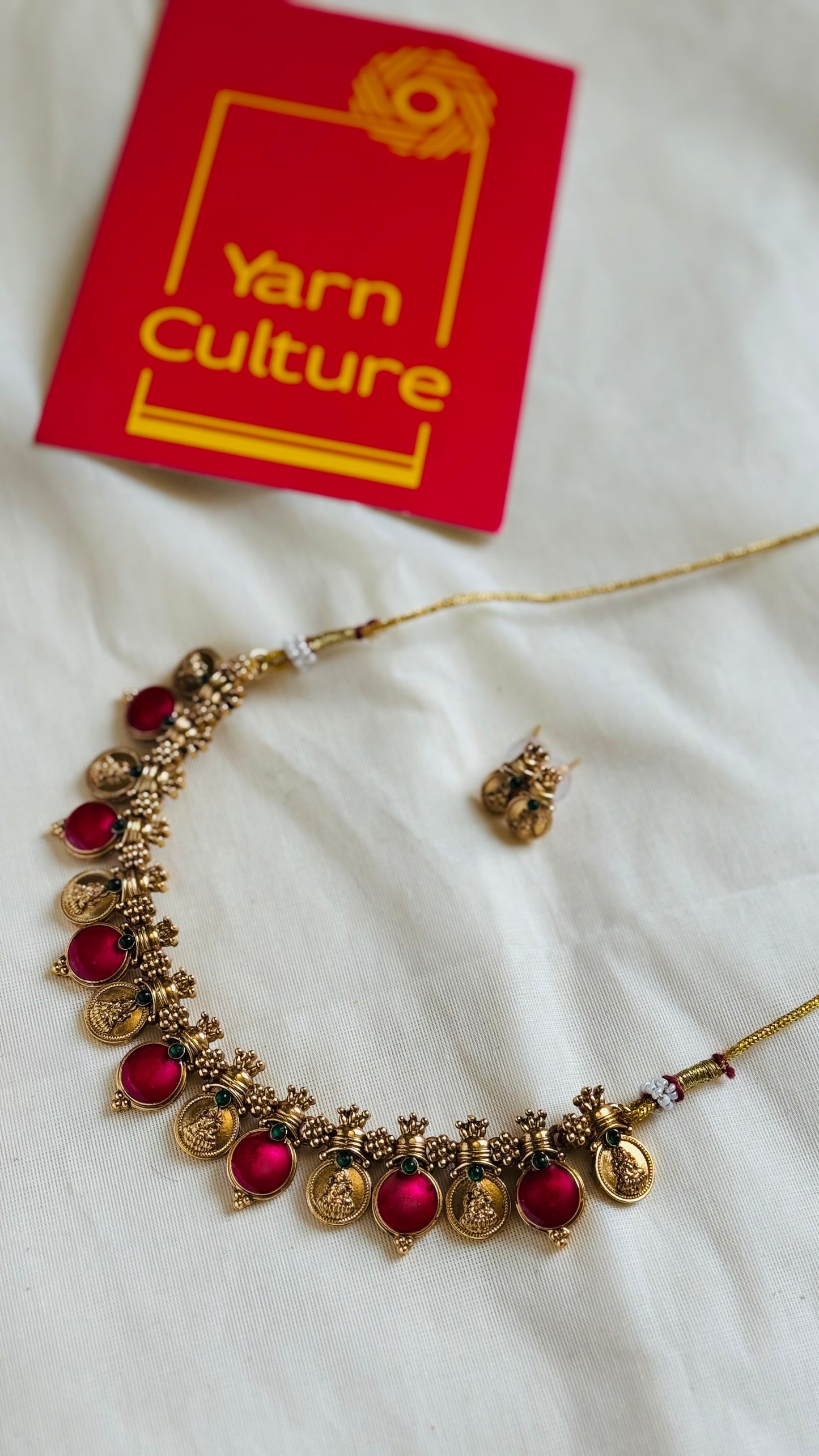 Coin necklace with hot pink pendants, with earrings - YCGPNP774
