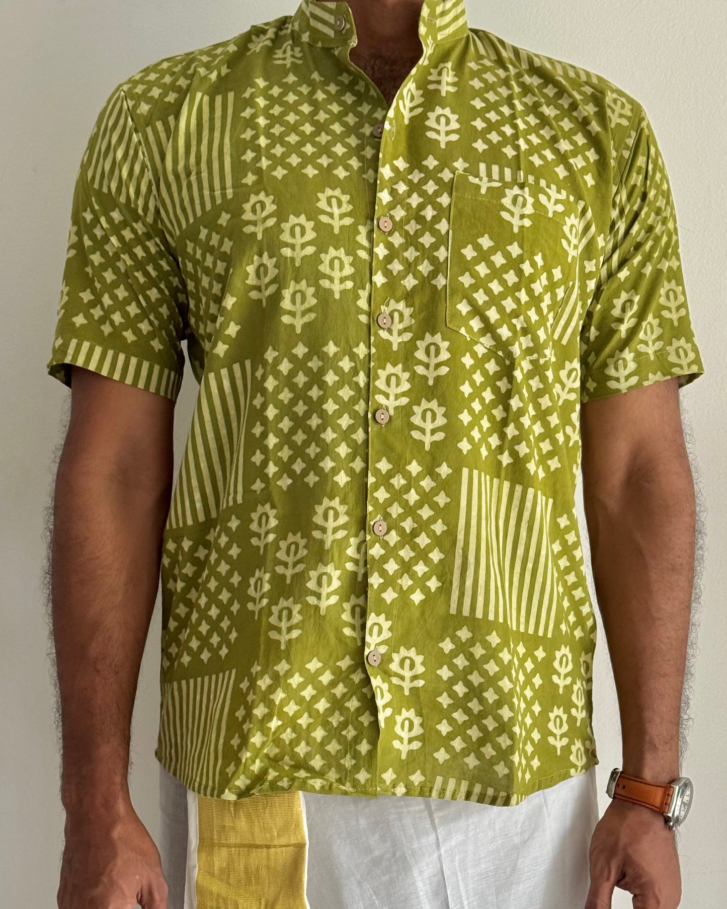Light Green Motif Block Printed Cotton Men's Half Sleeve Mandarin Collar Kurta Shirt- YCMSEIE191