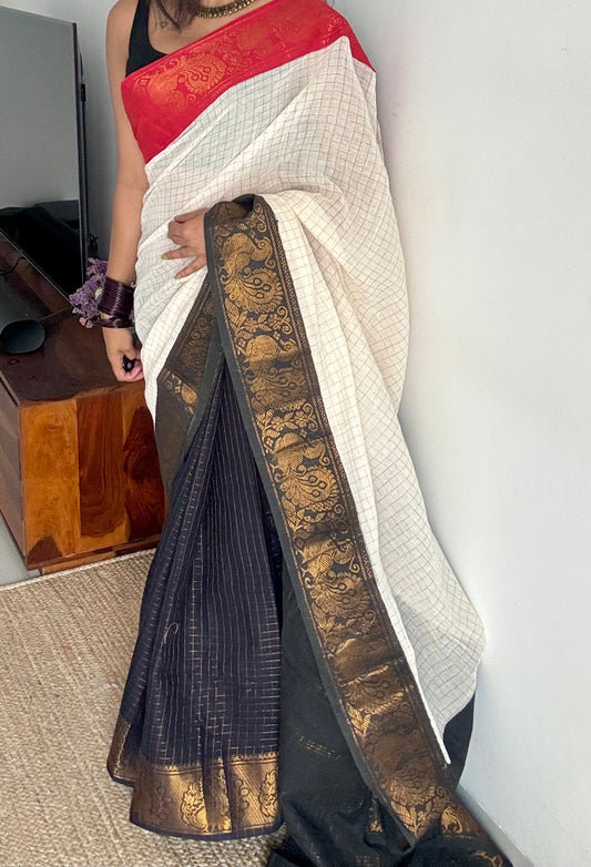 Ivory and red with black, sungudi cotton half-half saree - YCCOTNMSFE375