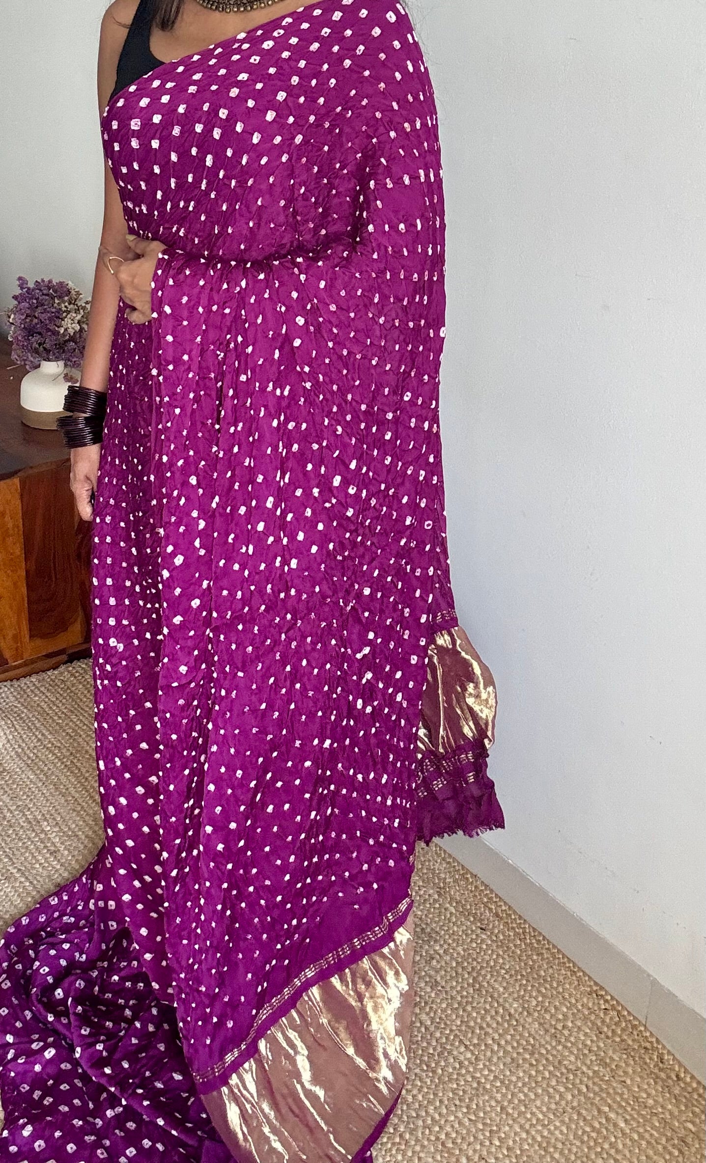 Purple pink (vadamalli) crushed bandhej pure modal silk saree with lagdi patta zari pallu - YCTOKBM329