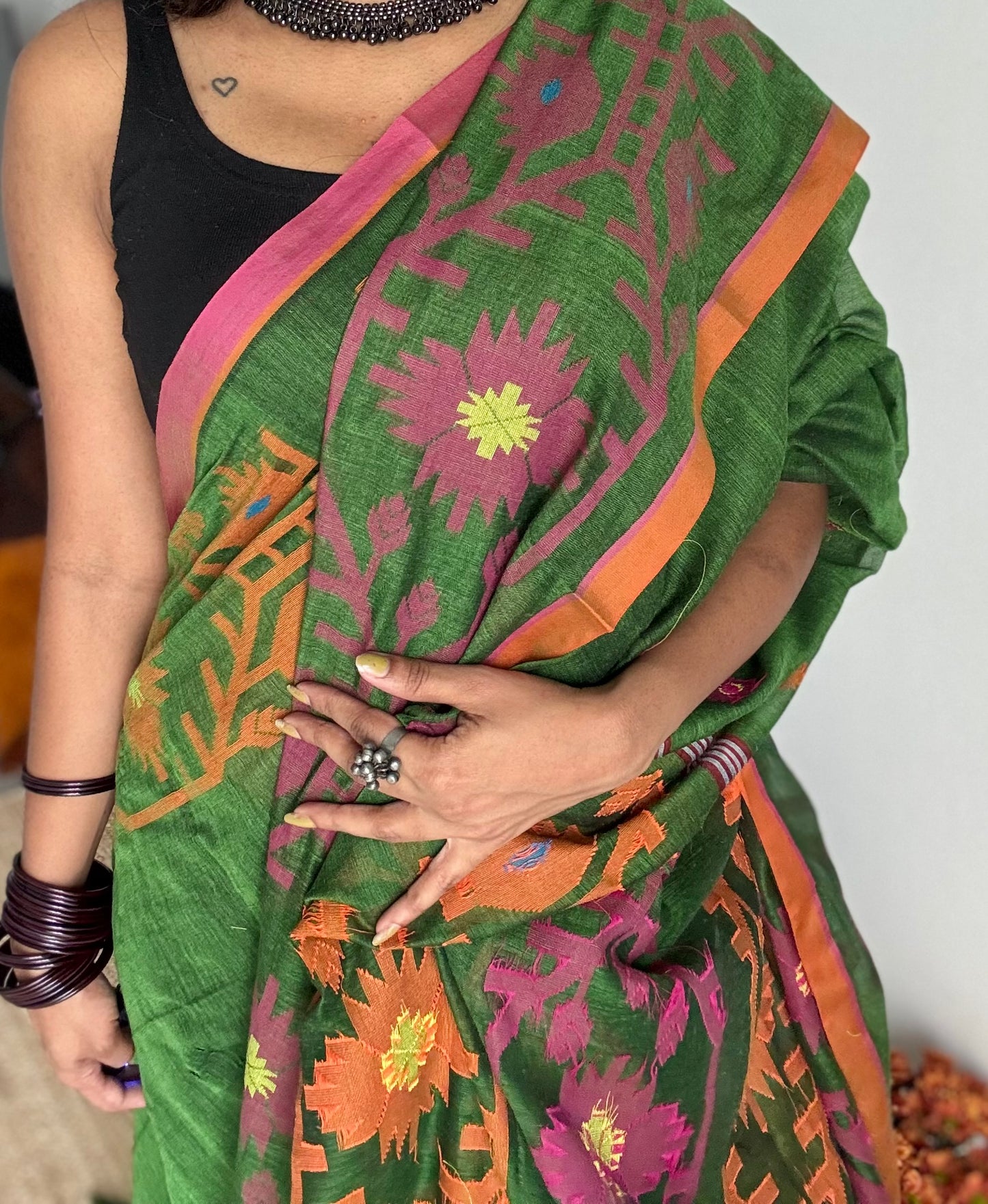 Green with pink and orange jamdani saree in mul cotton - YCBCJDFE383