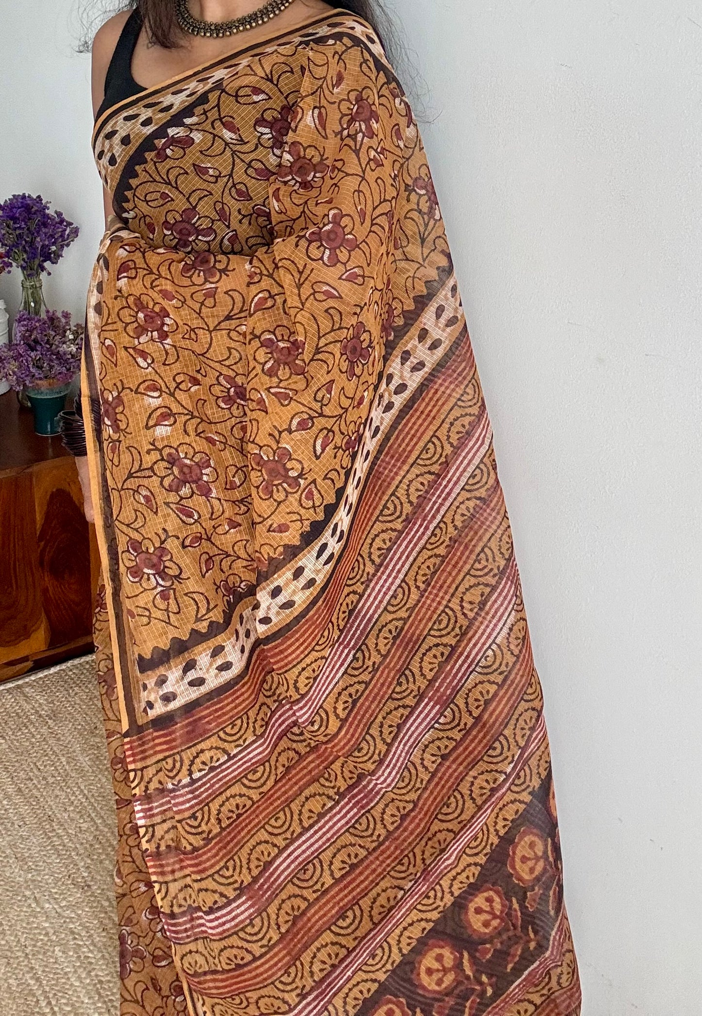 Orange Drama - light orange with brown floral kota doria saree - YCTORKDAP03