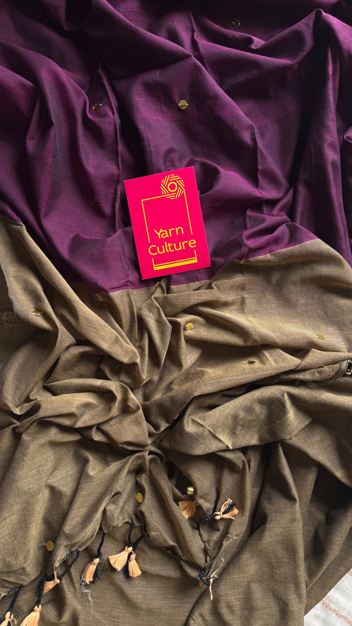 Wine with warm grey contrast pallu, gini sequins, soft cotton saree - YCBCSCOC02