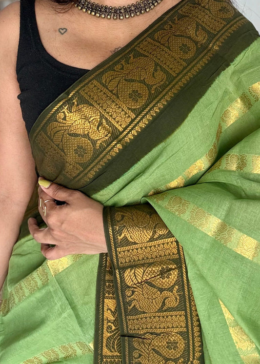 Light pista green with dark green, multi peacock motif lines, kattuchayam dyed sungudi cotton - YCCOTNJUCC13