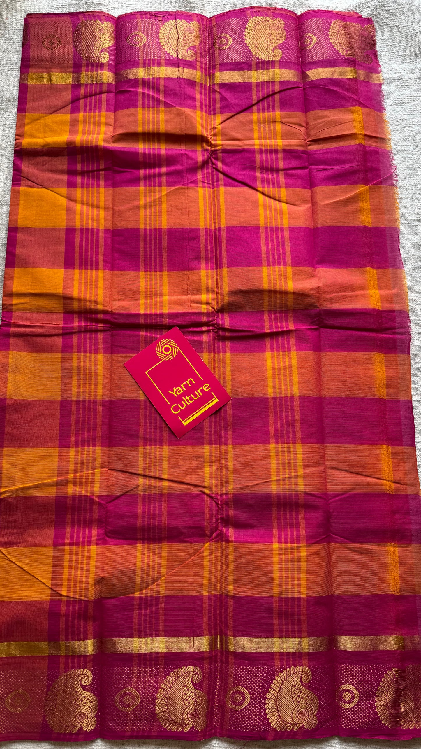 Chettinad cotton saree with yellow and pink checks, paisley motif border - YCCOTNAP66