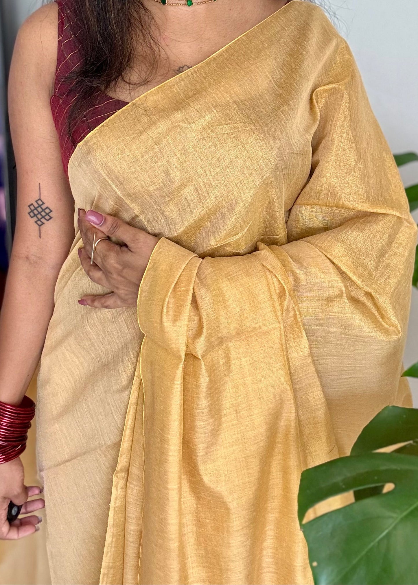 Plain gold mul tissue saree, striped pallu - YCIEON07