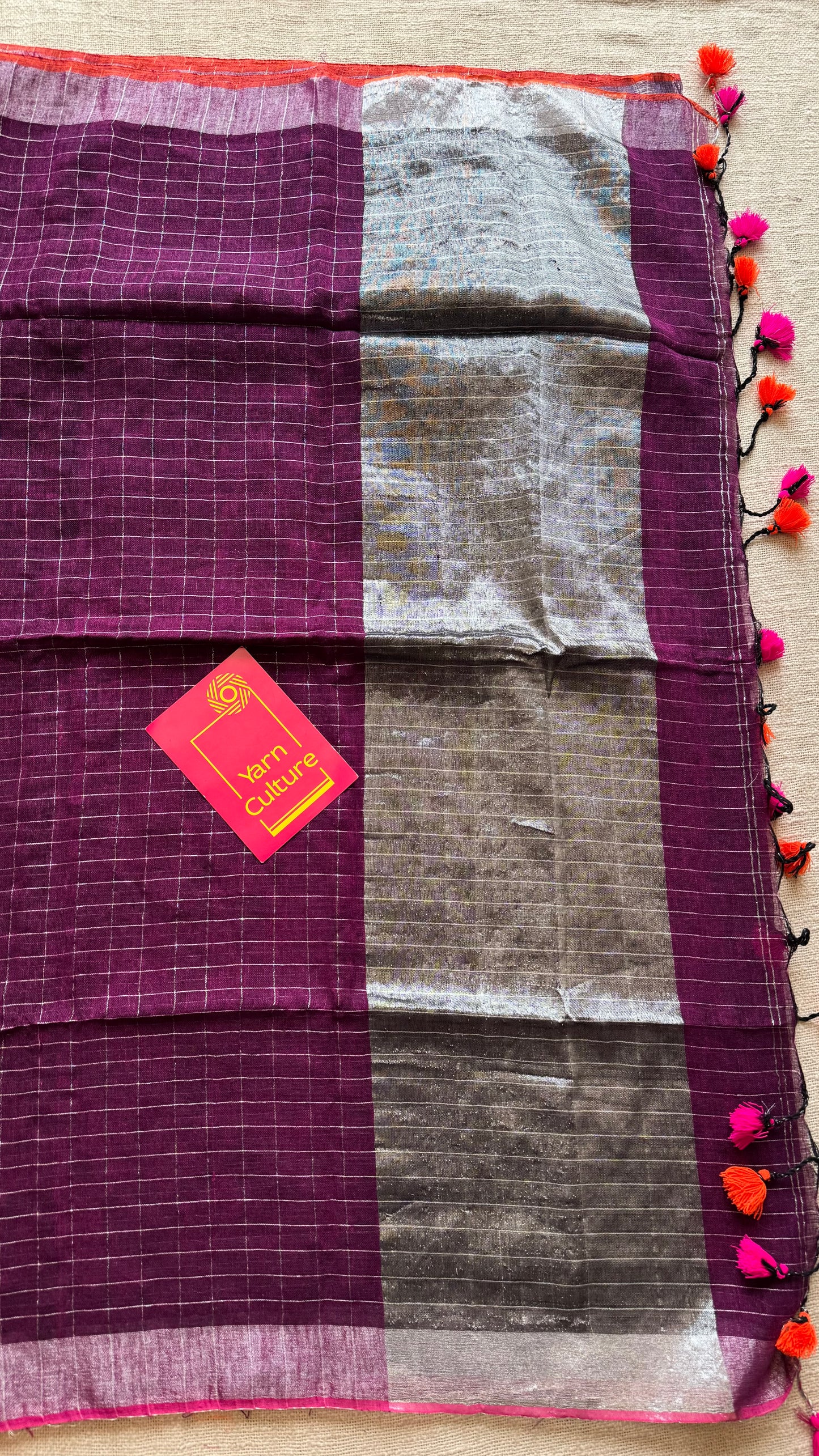 Wine linen by cotton saree, silver checks & zari pallu - YCBCLCFE391
