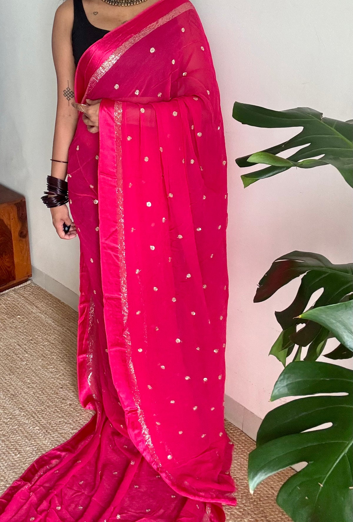 Rani pink viscose georgette saree, gold buttas, satin border - YCDOSOC46