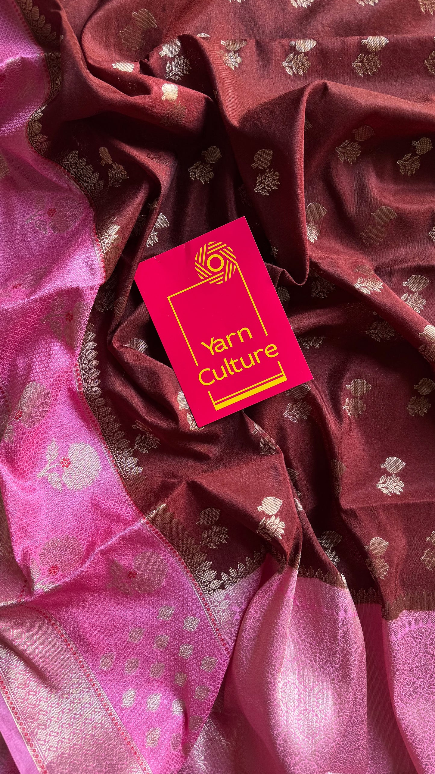 Coffee brown with pink border, semi dupion silk - YCBLSSJA23