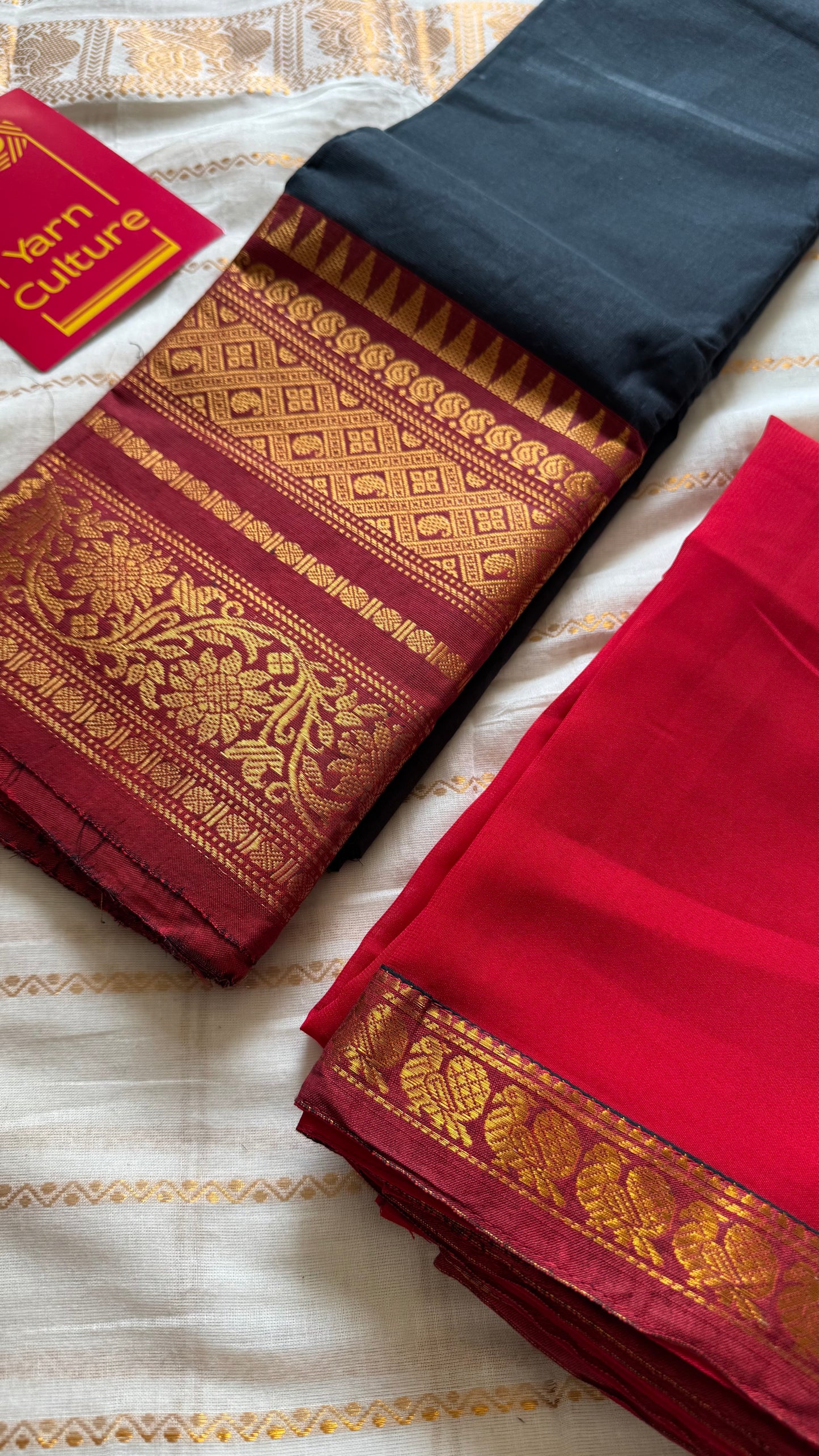 Black - Red unstitched half saree material (dhavani), kanchi cotton - YCIEHS212