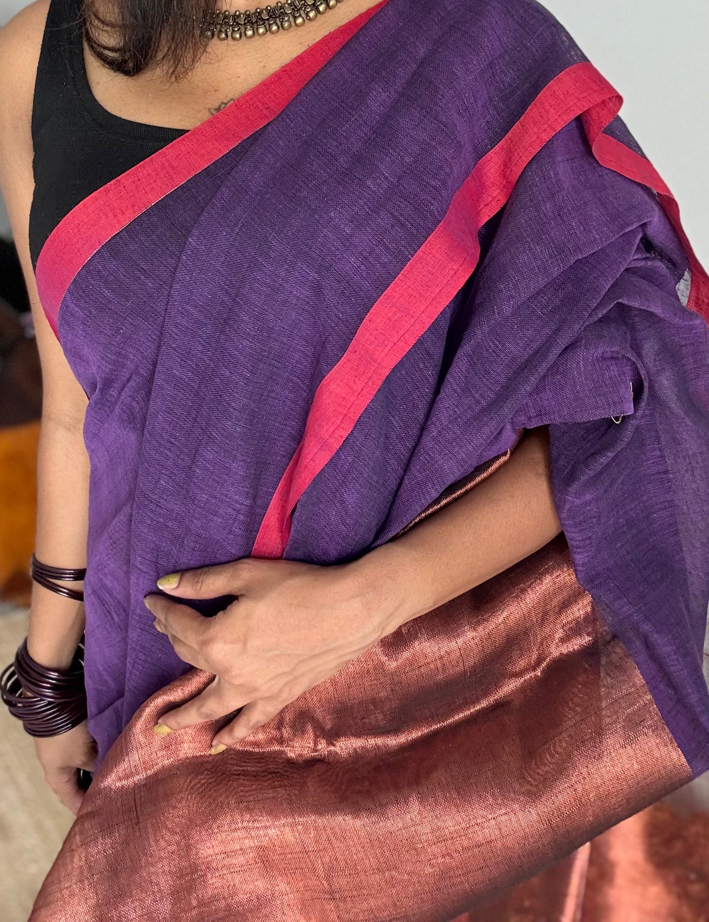 Purple plain linen by cotton saree with copper zari pallu - YCBCLCFE396