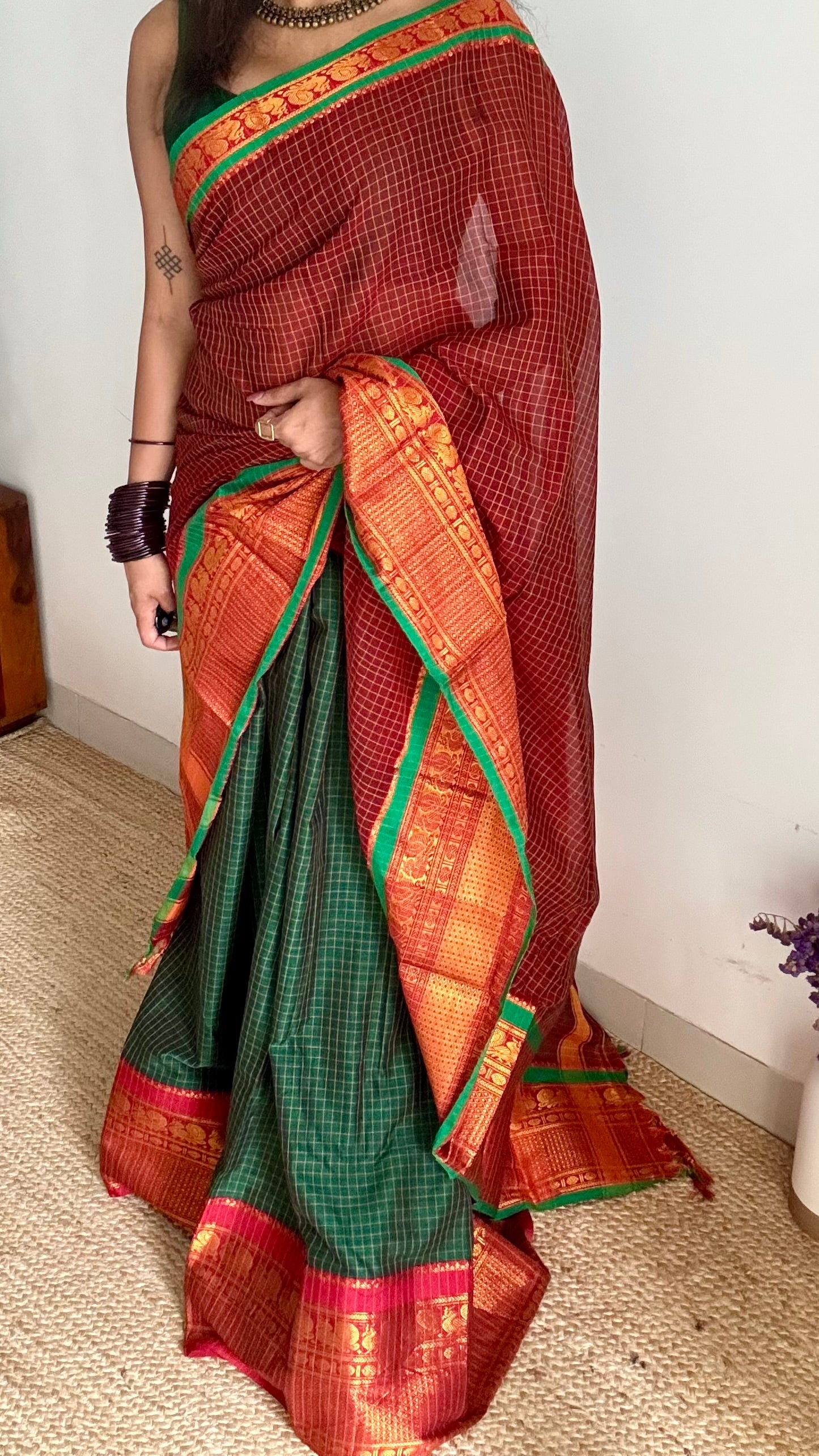 Green - Maroon unstitched half saree material (dhavani), narayanpet cotton - YCIEHS218