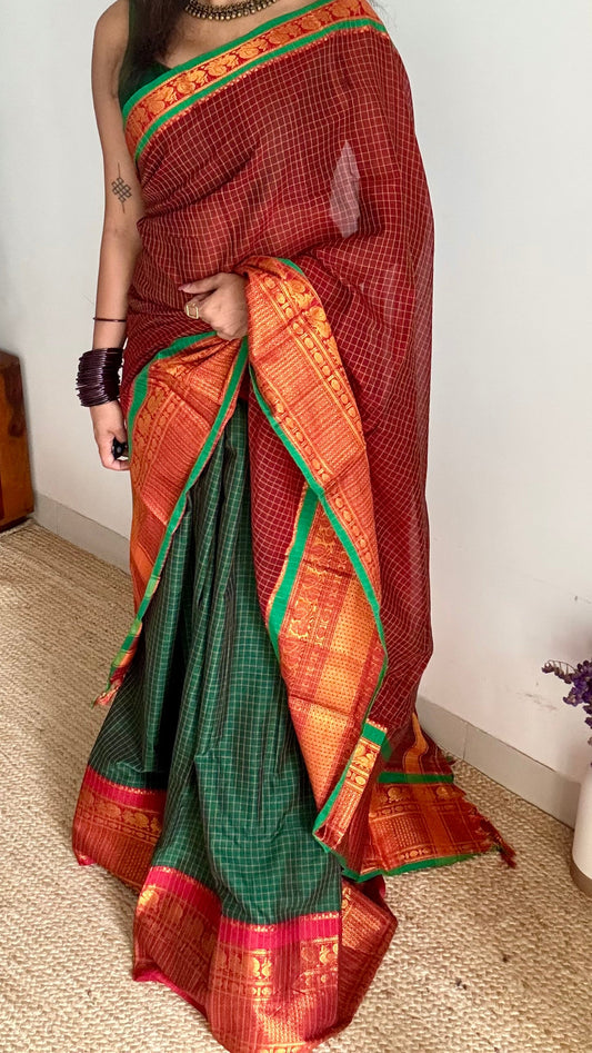 Green - Maroon unstitched half saree material (dhavani), narayanpet cotton - YCIEHS218