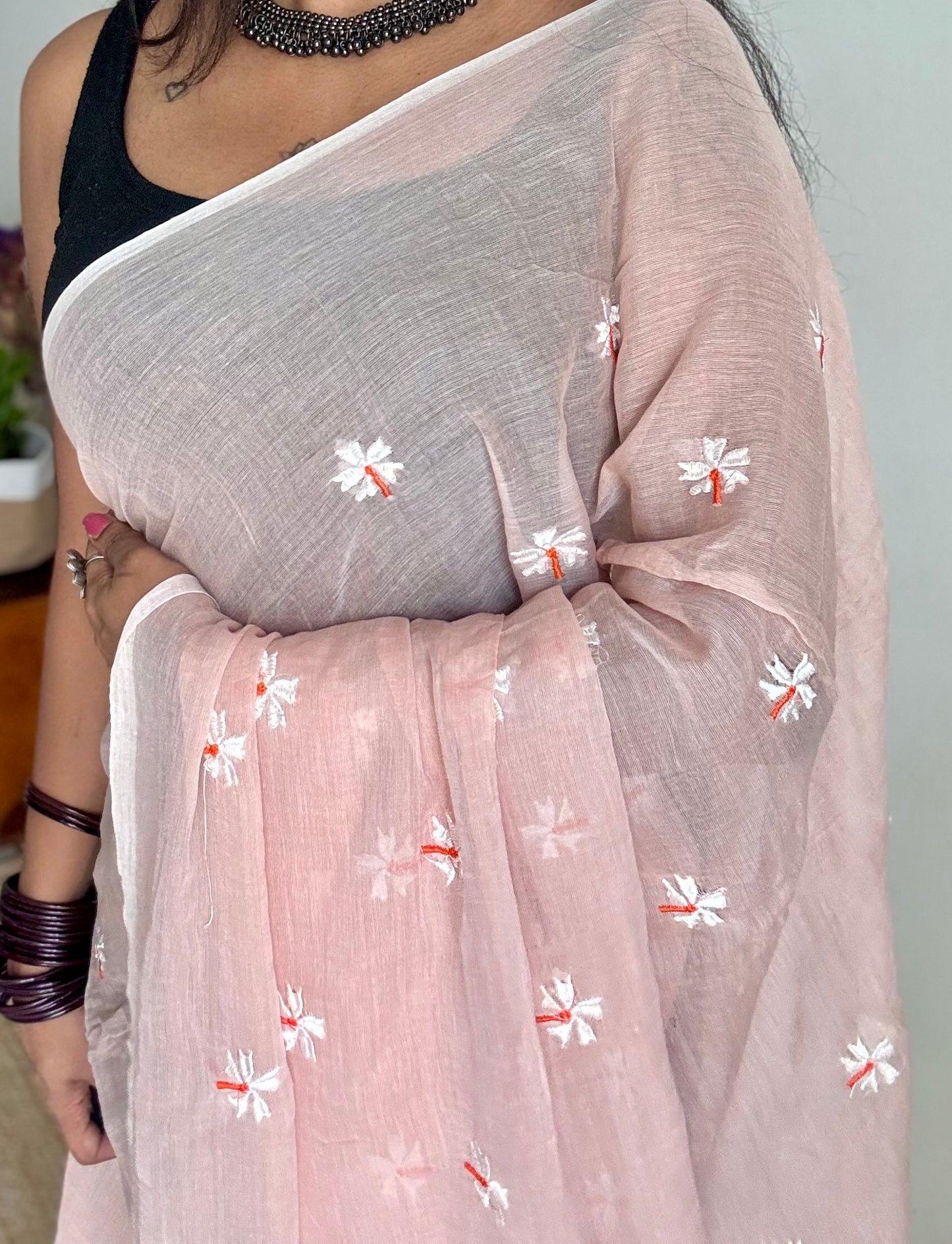 Pastel peach parijat mul cotton saree  - YCBCMCAP31