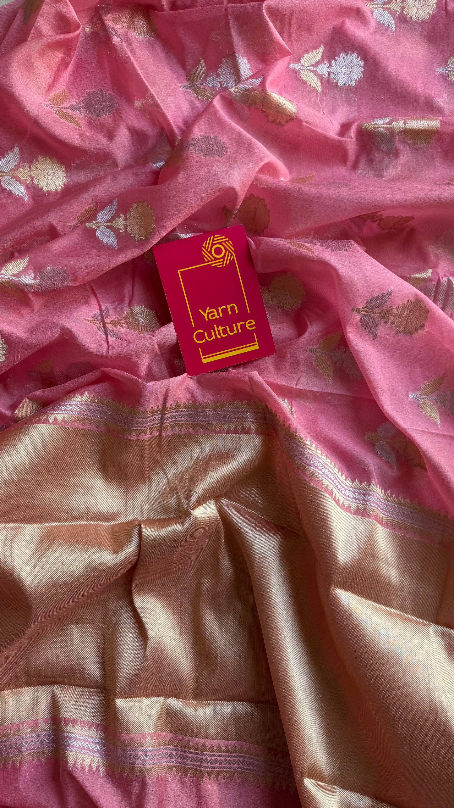 Pink with gold and silver floral buttas, Banarasi semi-crepe silk - YCDESE47