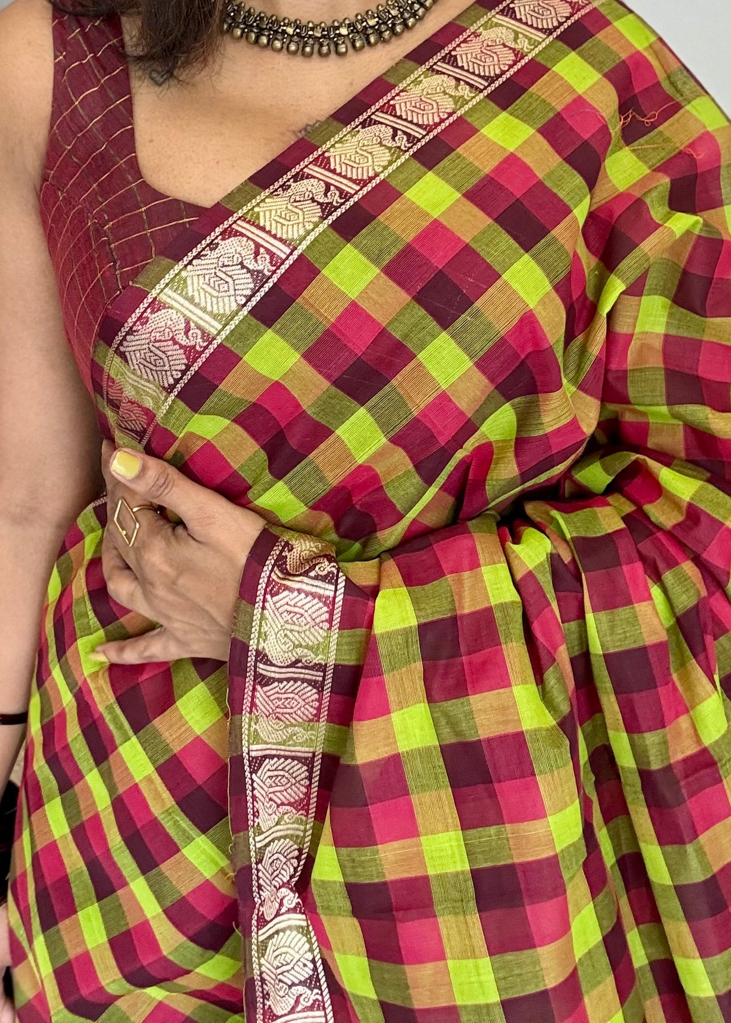 Chettinad cotton saree with Paalum Pazhamum checks, lightweight breathable handloom cotton saree for summer wear, madras checks