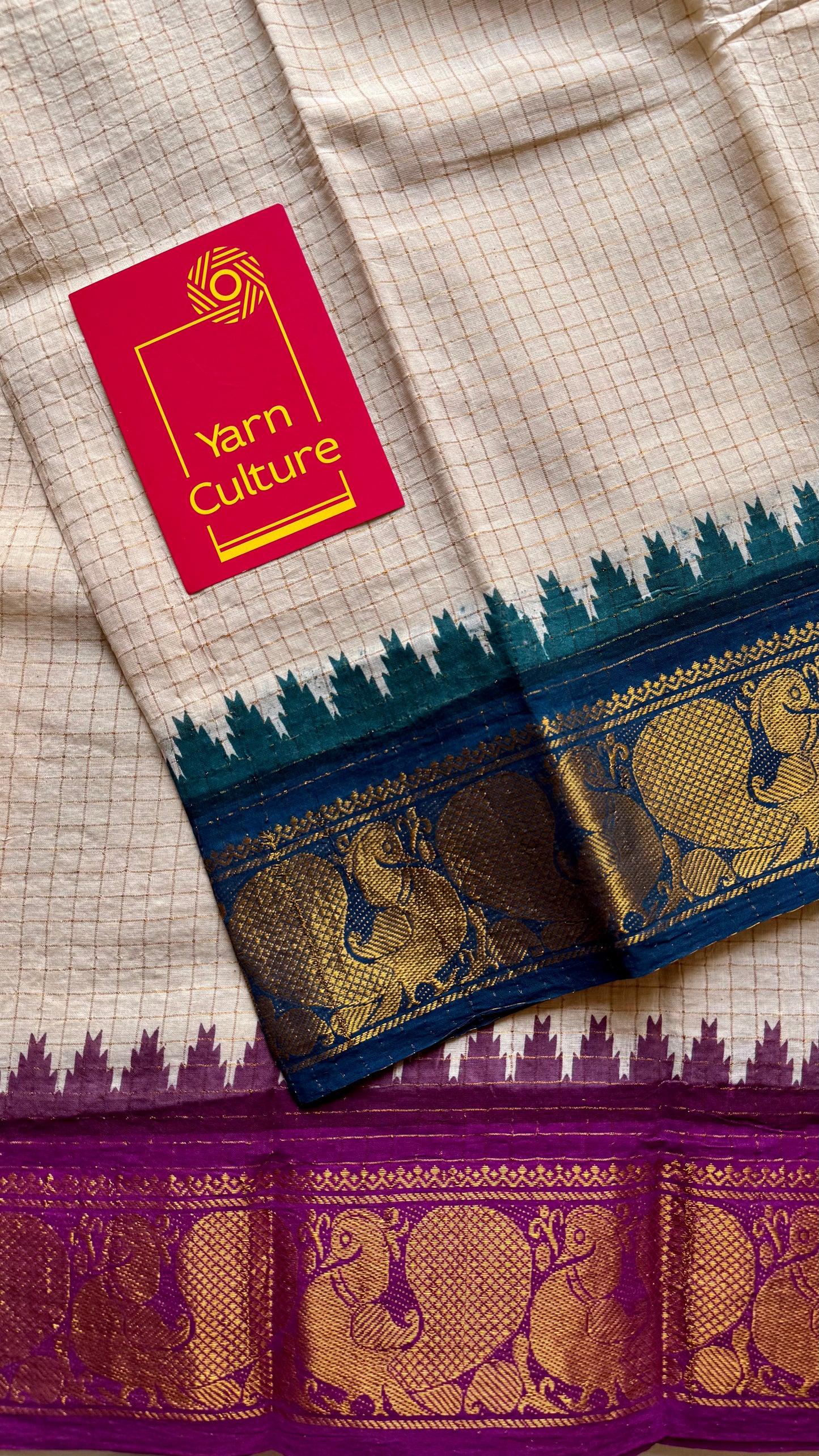 Sungudi cotton checks, ivory gold base, teal and magenta dual tone border, soft cotton - YCIEON100