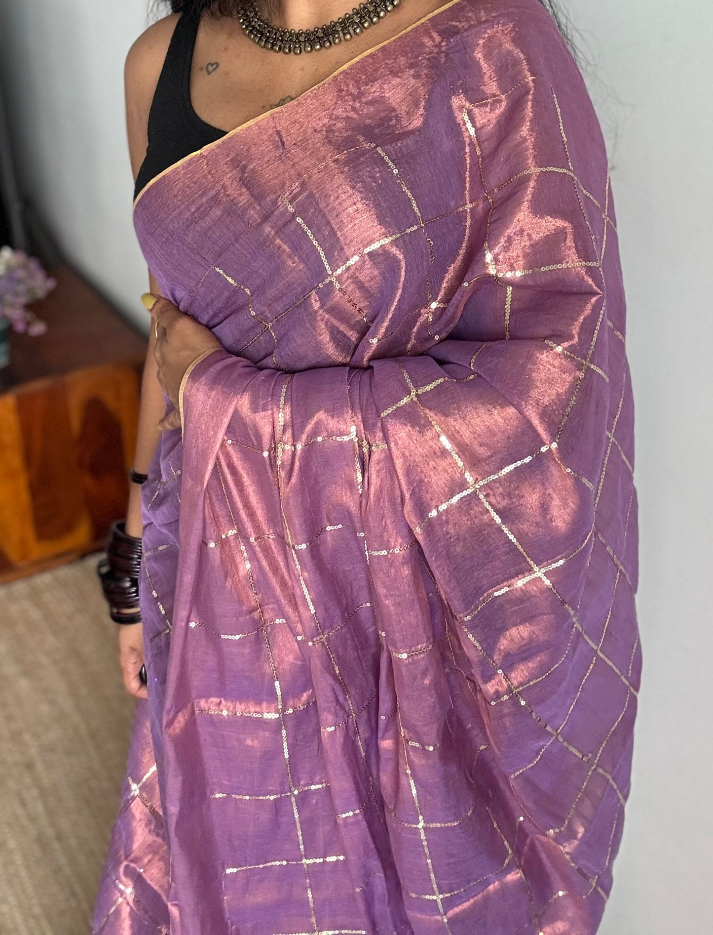 Lilac, checkered sequins work, mul tissue - YCBCMCJA11