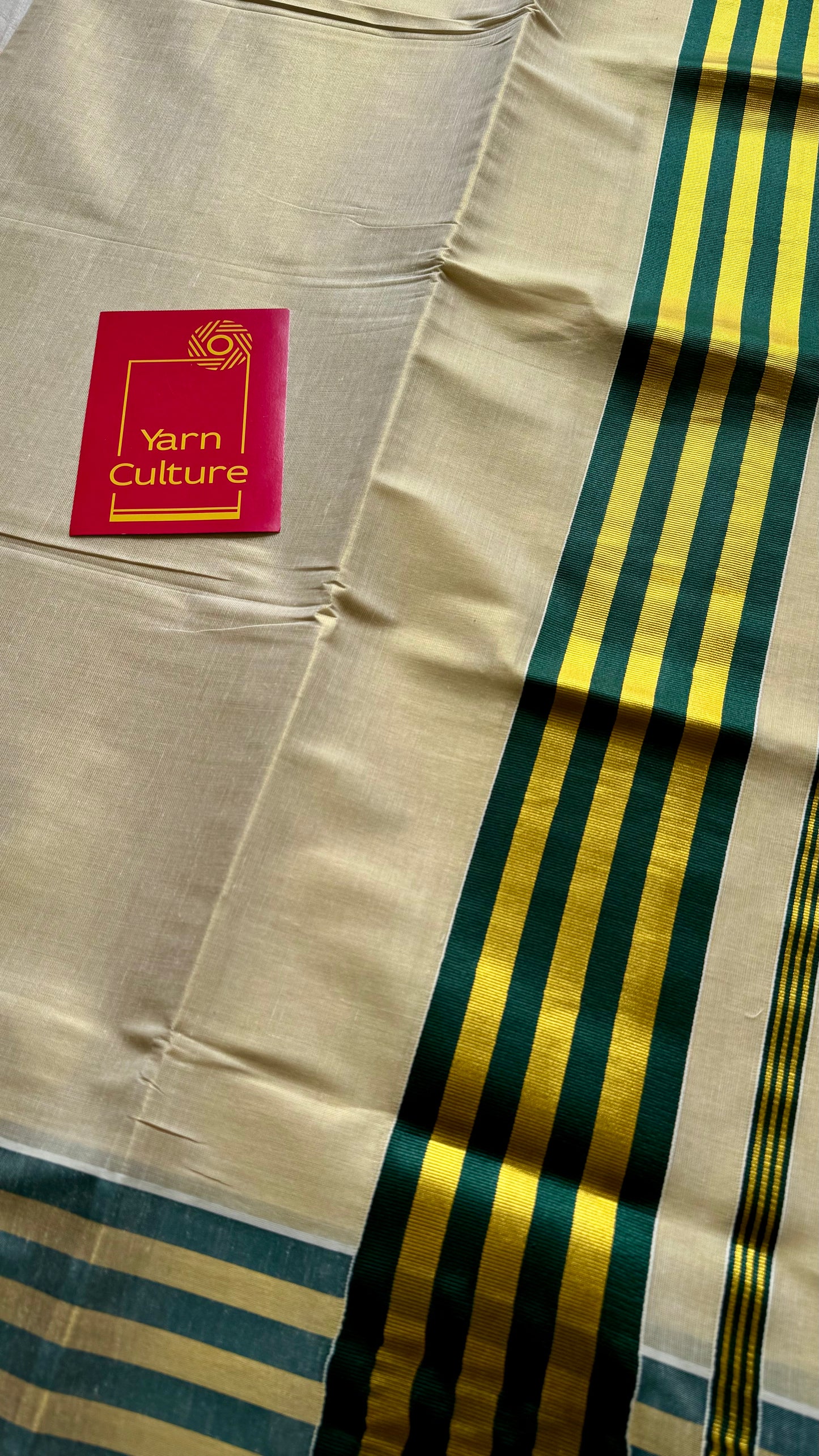Ivory and gold soft tissue cotton saree, dark green border - YCIEON68