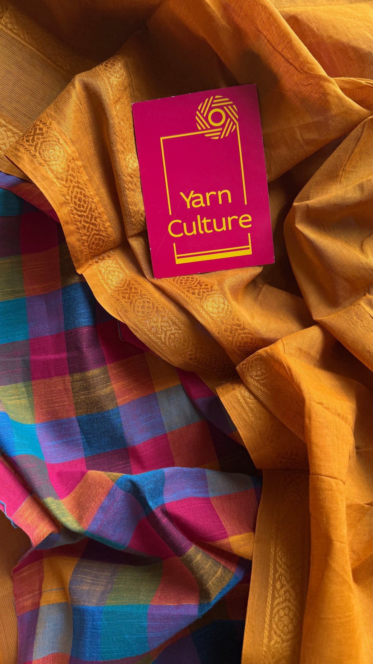 Turmeric yellow with multicoloured madras checks, cotton half and half saree - YCCOTNIDOC161