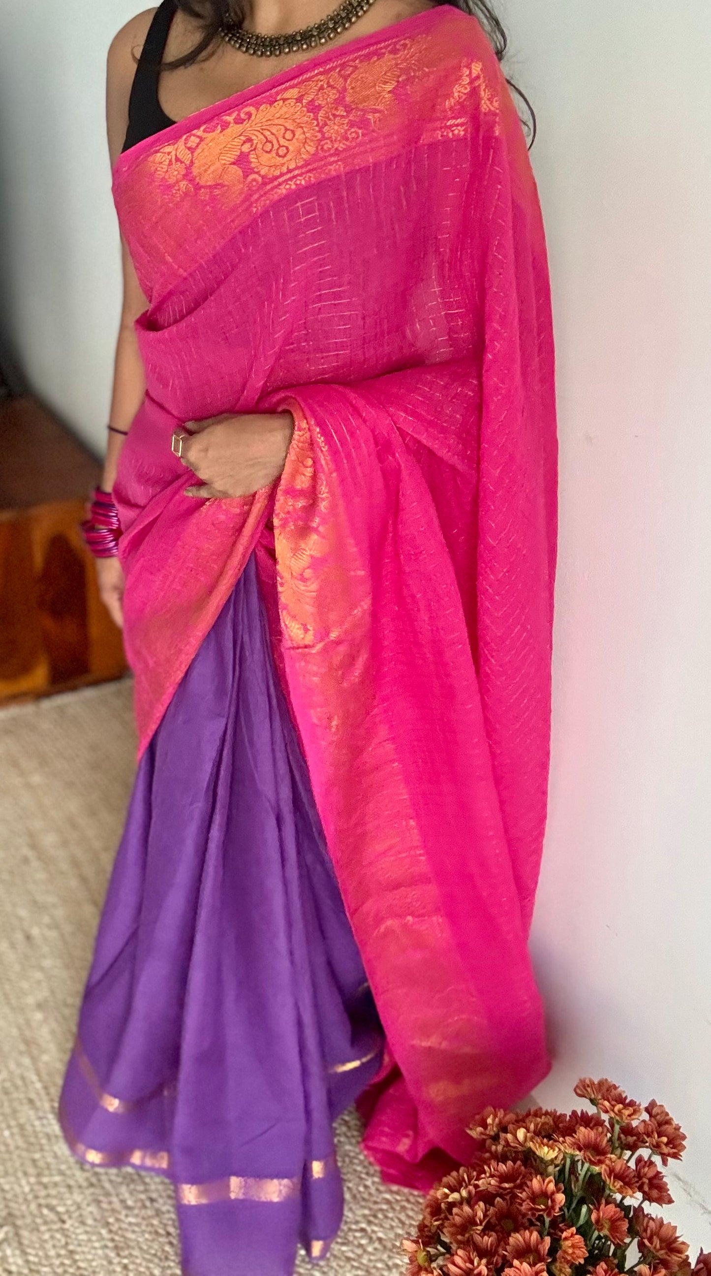 Alli (அல்லி) : pink with purple, sungudi cotton - YCENOID01