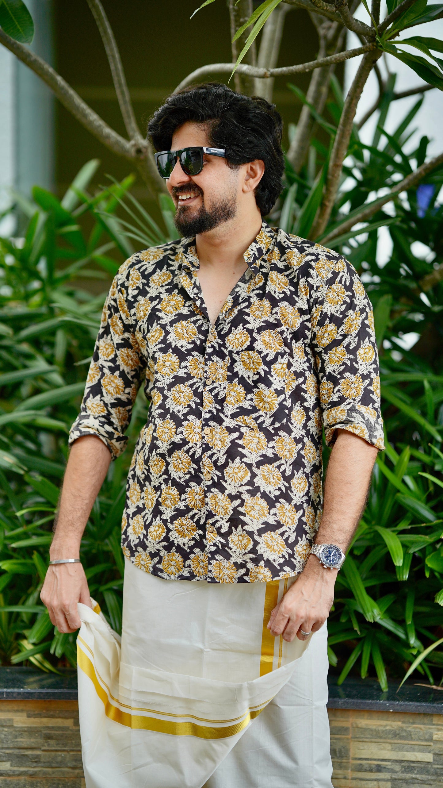 Black & Yellow Floral Block Printed Cotton Men's Mandarin Collar Kurta Shirt - YCMSEIE197