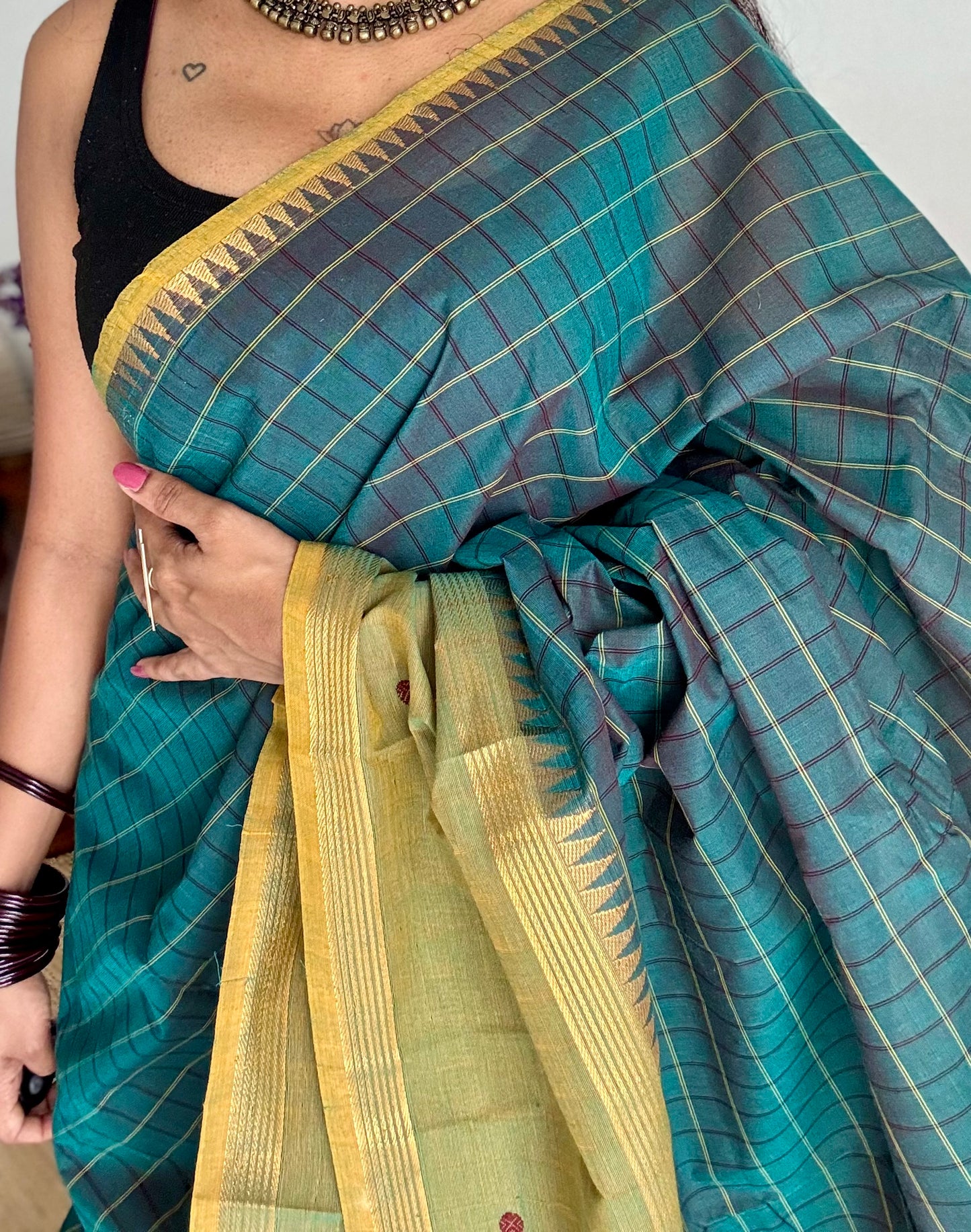 Dark teal and light green contrast, checkered Chettinad cotton saree - YCCOTNMA269