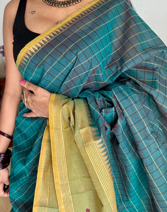 Dark teal and light green contrast, checkered Chettinad cotton saree - YCCOTNMA269