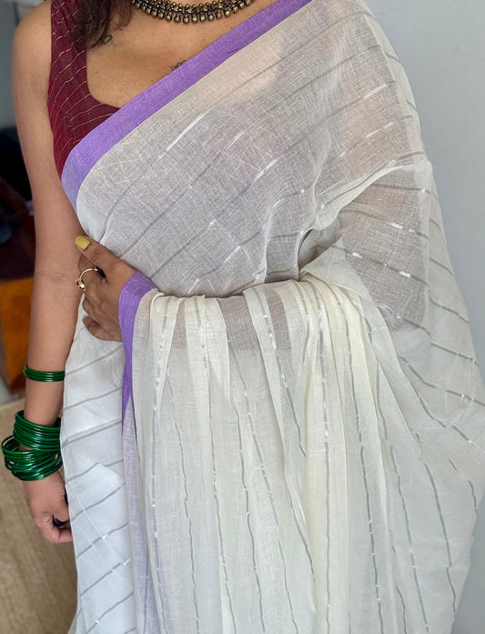 Ivory mul saree with silver zari stripes and purple border - YCBCMCFE288