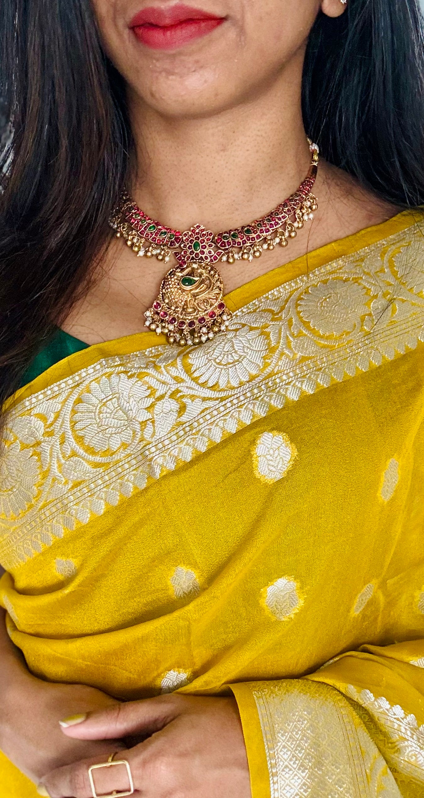 Kemp stones, peacock pendant necklace with jhumkas - YCGPNP469