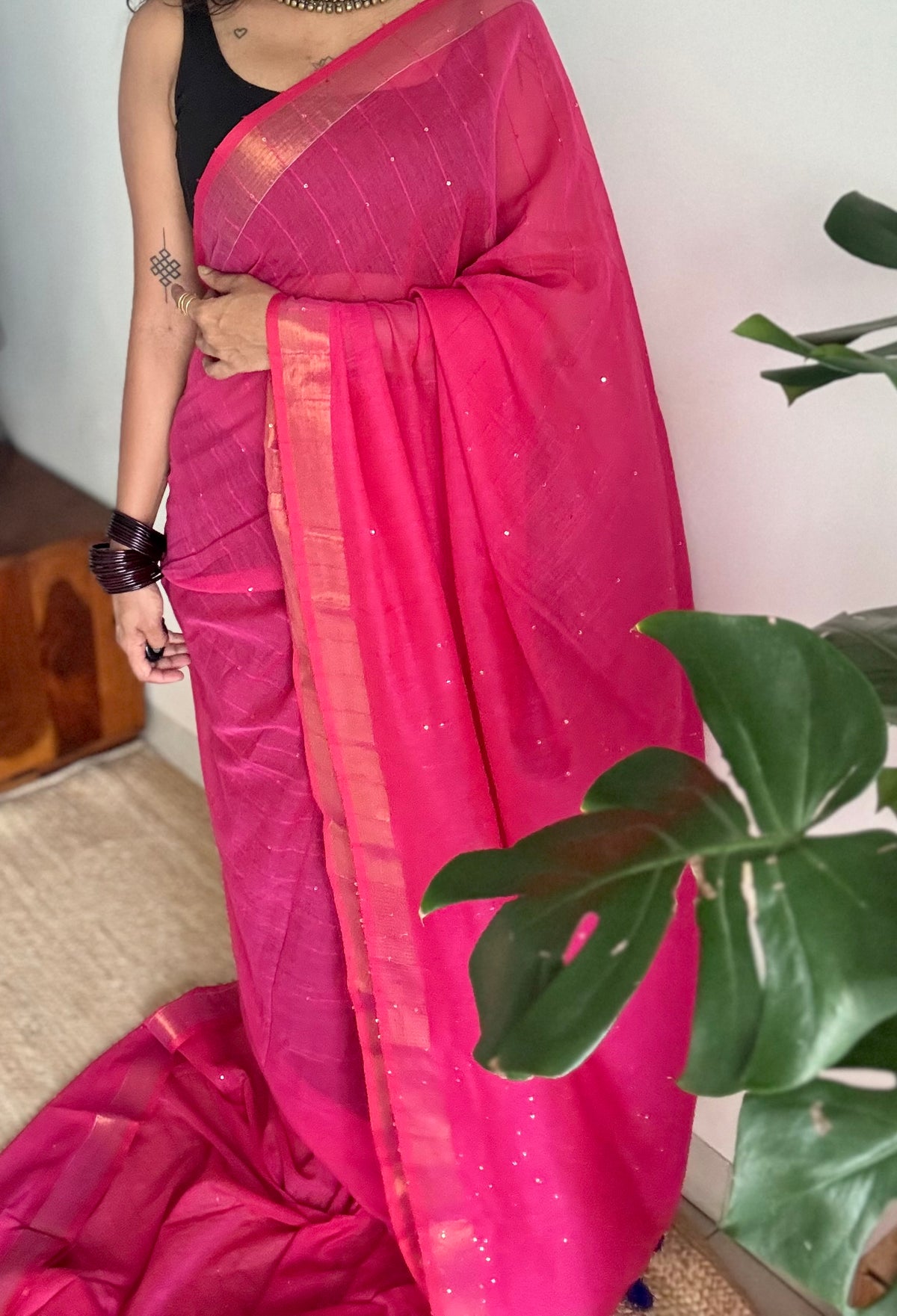 Hot pink mul cotton saree with sequins and zari border - YCBCMCSE34